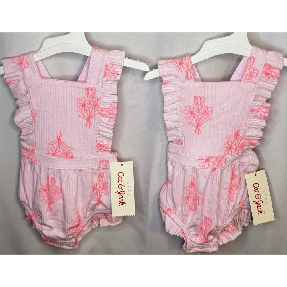 NWT Cat & Jack Baby Girl Romper 0-3M Pink Floral Ribbed Ruffle One Piece